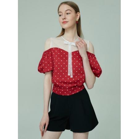 BY16687# 衬衫春秋新款设计款别致女装网纱拼接圆领波点雪纺衫上衣女潮