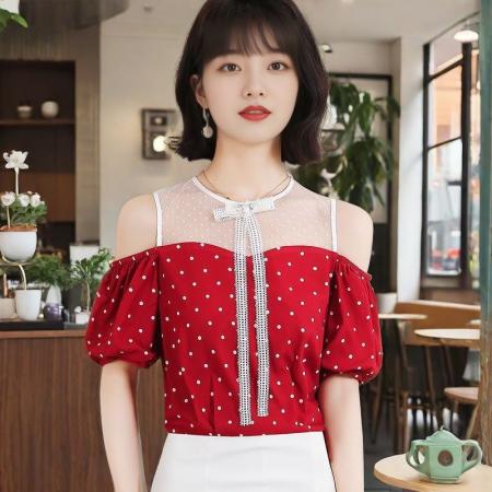BY16687# 衬衫春秋新款设计款别致女装网纱拼接圆领波点雪纺衫上衣女潮