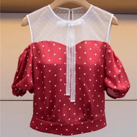 BY16687# 衬衫春秋新款设计款别致女装网纱拼接圆领波点雪纺衫上衣女潮