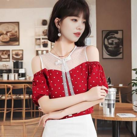 BY16687# 衬衫春秋新款设计款别致女装网纱拼接圆领波点雪纺衫上衣女潮