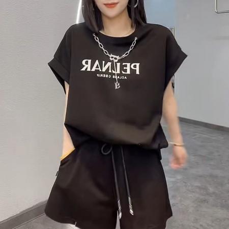 BY16691# 欧洲站休闲运动套装女夏装韩系高级感时尚百搭短袖短裤跑步两件套