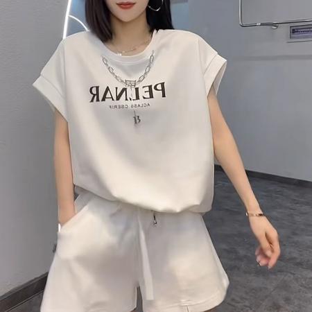 BY16691# 欧洲站休闲运动套装女夏装韩系高级感时尚百搭短袖短裤跑步两件套