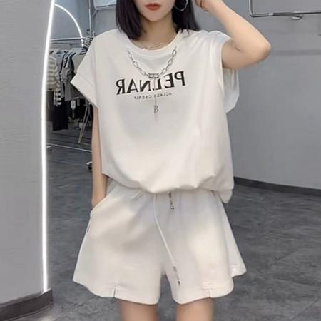 BY16691# 欧洲站休闲运动套装女夏装韩系高级感时尚百搭短袖短裤跑步两件套