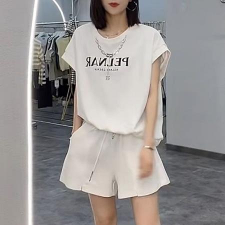 BY16691# 欧洲站休闲运动套装女夏装韩系高级感时尚百搭短袖短裤跑步两件套