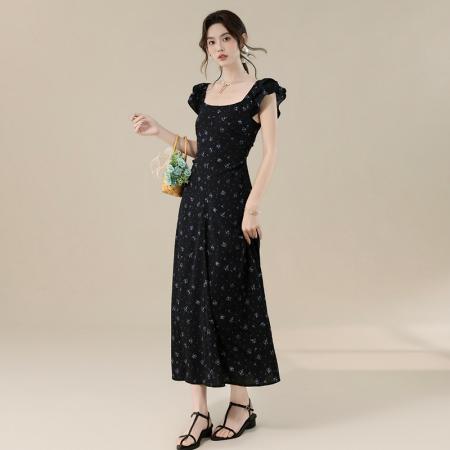 BY16694# 爆款延续法式甜美气质度假风碎花露背设计感连衣裙