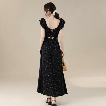 BY16694# 爆款延续法式甜美气质度假风碎花露背设计感连衣裙