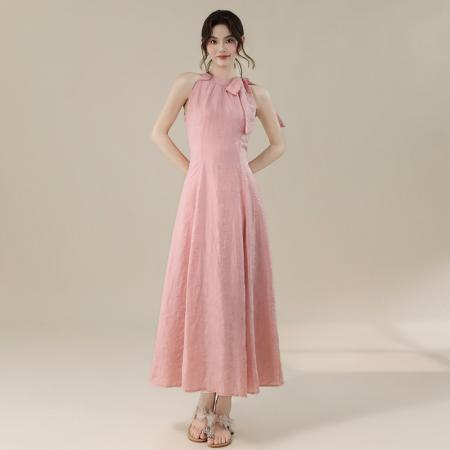 BY16695# 韩系女主角浪漫蝴蝶结长款收腰显瘦花朵暗纹桃粉色连衣裙