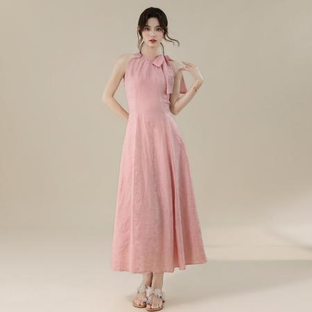 BY16695# 韩系女主角浪漫蝴蝶结长款收腰显瘦花朵暗纹桃粉色连衣裙