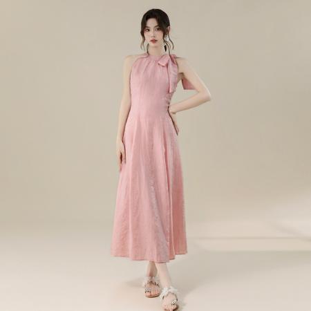 BY16695# 韩系女主角浪漫蝴蝶结长款收腰显瘦花朵暗纹桃粉色连衣裙