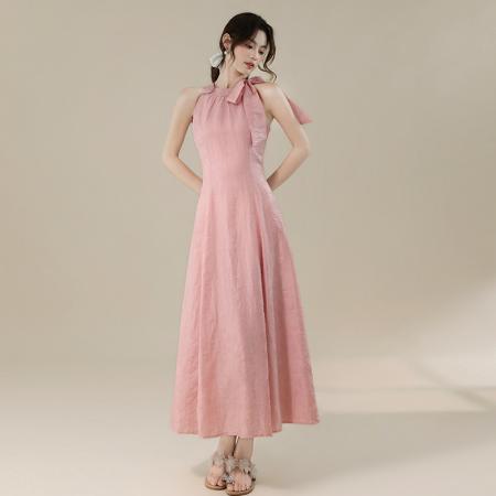 BY16695# 韩系女主角浪漫蝴蝶结长款收腰显瘦花朵暗纹桃粉色连衣裙