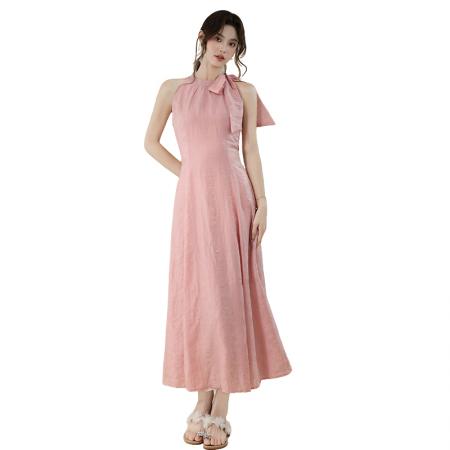 BY16695# 韩系女主角浪漫蝴蝶结长款收腰显瘦花朵暗纹桃粉色连衣裙