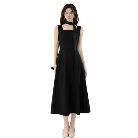 BY16696# 夏季新款法式优雅方领简约飘带设计感收腰显瘦长款小黑裙