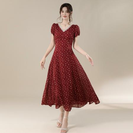 BY16697# 夏季新款法式V领优雅复古蕾丝边长款收腰显瘦碎花连衣裙