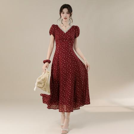 BY16697# 夏季新款法式V领优雅复古蕾丝边长款收腰显瘦碎花连衣裙