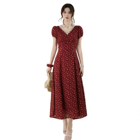 BY16697# 夏季新款法式V领优雅复古蕾丝边长款收腰显瘦碎花连衣裙