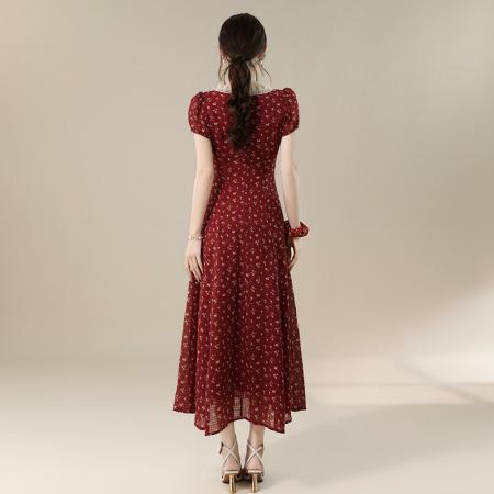 BY16697# 夏季新款法式V领优雅复古蕾丝边长款收腰显瘦碎花连衣裙