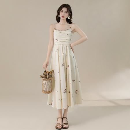 BY16698# 南法假日田园风法式甜美小清新刺绣碎花吊带长款连衣裙