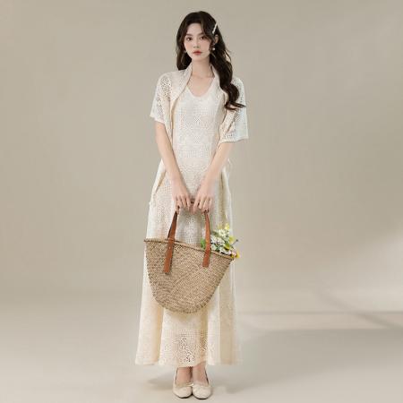 BY16699# 夏季新款优雅气质慵懒度假风V领刺绣提花显瘦背心裙披肩