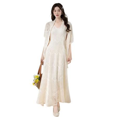 BY16699# 夏季新款优雅气质慵懒度假风V领刺绣提花显瘦背心裙披肩