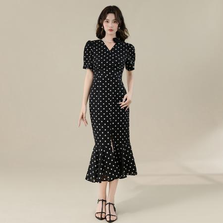 BY16700# 法式赫本风V领优雅气质黑色波点长款包臀开叉鱼尾连衣裙