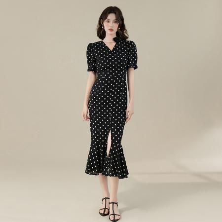 BY16700# 法式赫本风V领优雅气质黑色波点长款包臀开叉鱼尾连衣裙