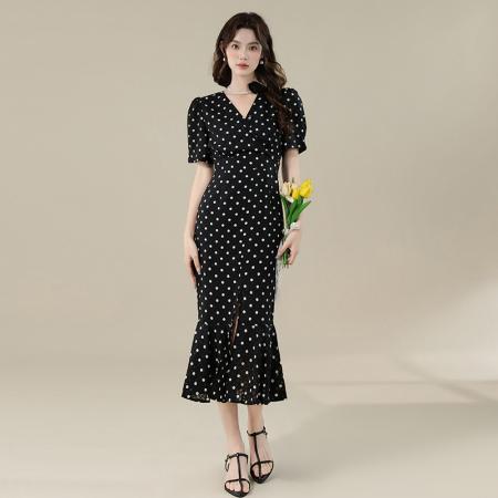 BY16700# 法式赫本风V领优雅气质黑色波点长款包臀开叉鱼尾连衣裙