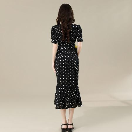 BY16700# 法式赫本风V领优雅气质黑色波点长款包臀开叉鱼尾连衣裙