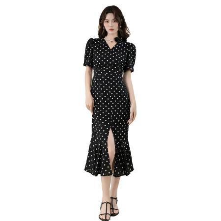 BY16700# 法式赫本风V领优雅气质黑色波点长款包臀开叉鱼尾连衣裙