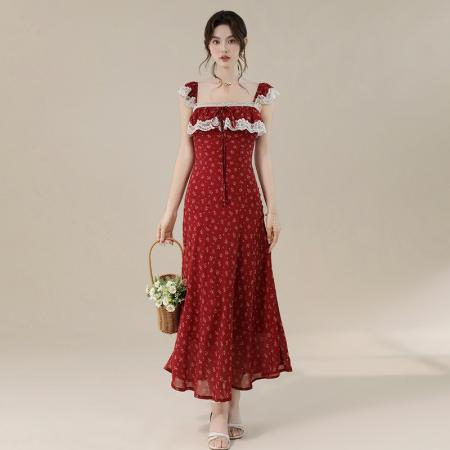 BY16701# 夏季新款法式方领蕾丝边优雅减龄度假风长款碎花连衣裙