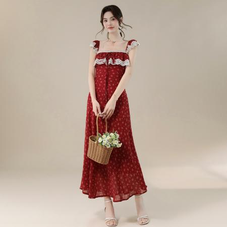 BY16701# 夏季新款法式方领蕾丝边优雅减龄度假风长款碎花连衣裙