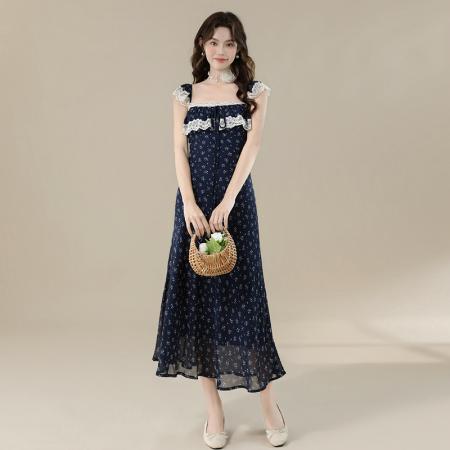 BY16701# 夏季新款法式方领蕾丝边优雅减龄度假风长款碎花连衣裙