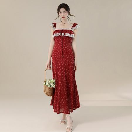 BY16701# 夏季新款法式方领蕾丝边优雅减龄度假风长款碎花连衣裙