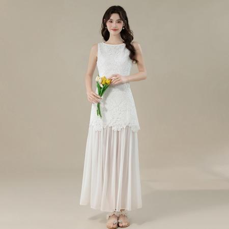 BY16702# 夏新款法式浪漫氛围感立体重工水溶花拼接雪纺下摆连衣裙