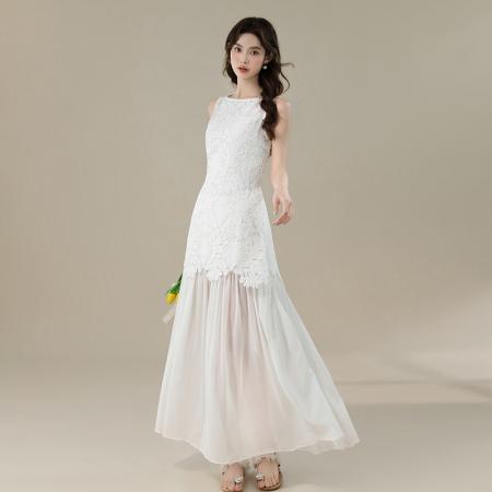 BY16702# 夏新款法式浪漫氛围感立体重工水溶花拼接雪纺下摆连衣裙