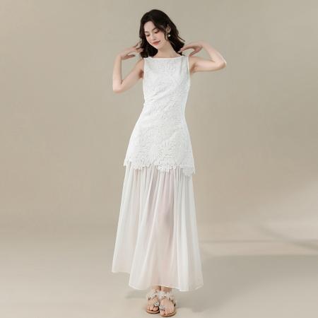 BY16702# 夏新款法式浪漫氛围感立体重工水溶花拼接雪纺下摆连衣裙