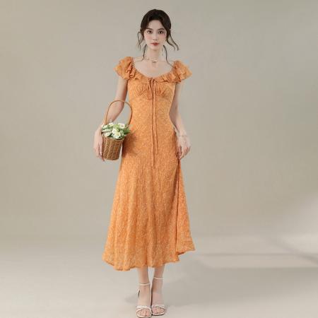 BY16703# 夏季新款法式优雅温柔减龄荷叶领收腰显瘦长款碎花连衣裙