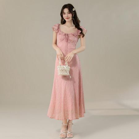 BY16703# 夏季新款法式优雅温柔减龄荷叶领收腰显瘦长款碎花连衣裙