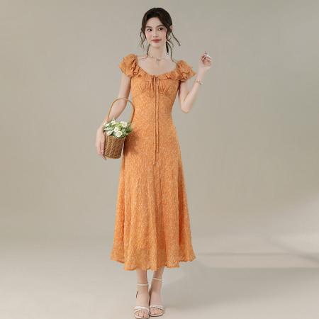 BY16703# 夏季新款法式优雅温柔减龄荷叶领收腰显瘦长款碎花连衣裙