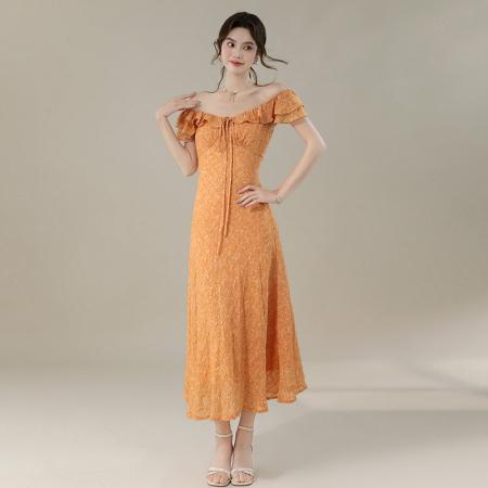 BY16703# 夏季新款法式优雅温柔减龄荷叶领收腰显瘦长款碎花连衣裙