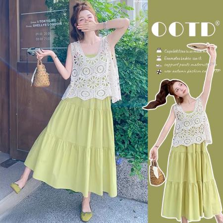 BY16707# 夏装新款小清新吊带连衣裙镂空上衣休闲孕妇两件套装