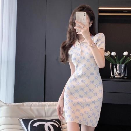 BY16716# 法式针织连衣裙女新款夏季时尚气质休闲修身显瘦polo领连衣裙