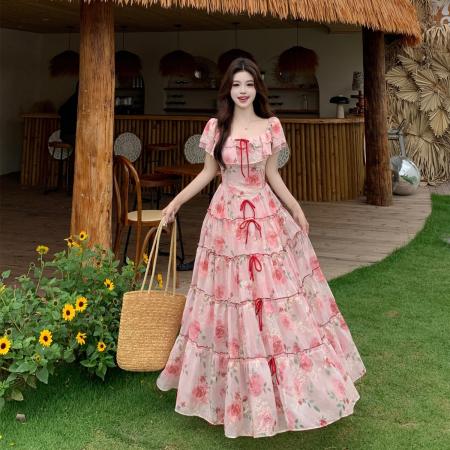 BY16720# 甜梦蔷薇夏季复古荷叶边蝴蝶结长裙收腰碎花连衣裙