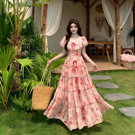 BY16720# 甜梦蔷薇夏季复古荷叶边蝴蝶结长裙收腰碎花连衣裙