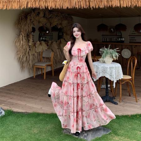 BY16720# 甜梦蔷薇夏季复古荷叶边蝴蝶结长裙收腰碎花连衣裙