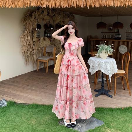 BY16720# 甜梦蔷薇夏季复古荷叶边蝴蝶结长裙收腰碎花连衣裙