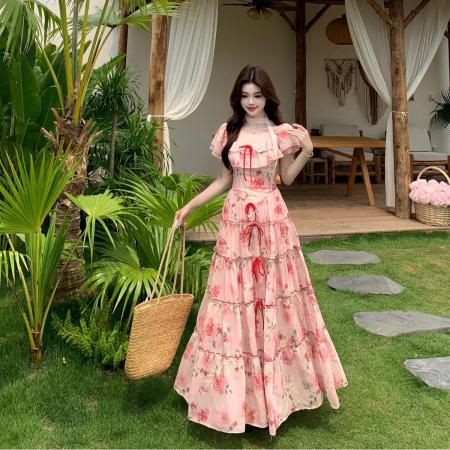 BY16720# 甜梦蔷薇夏季复古荷叶边蝴蝶结长裙收腰碎花连衣裙