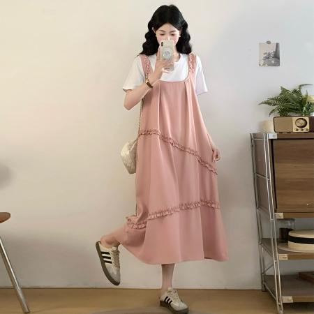 BY16723# 夏季女装套装连衣裙两件套T恤上衣花边长裙短袖花边新款时尚短袖