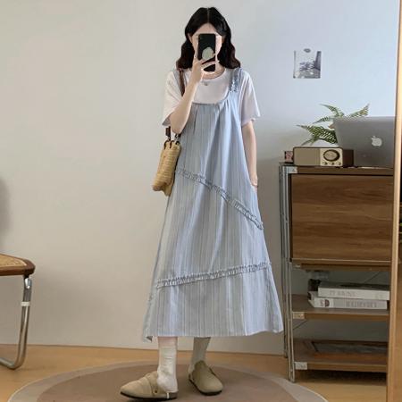 BY16723# 夏季女装套装连衣裙两件套T恤上衣花边长裙短袖花边新款时尚短袖