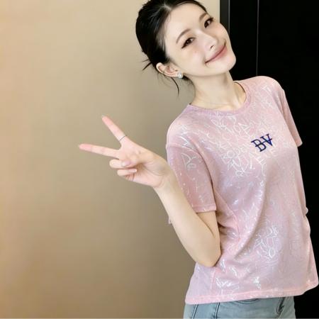 BY16725# 实夏季新款冰丝短袖T恤女韩版烫金亮片字母柔软透气时尚百搭上衣