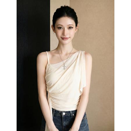 BY16730# 带胸垫纯欲不规则斜肩网纱吊带设计感飘带辣妹性感上衣